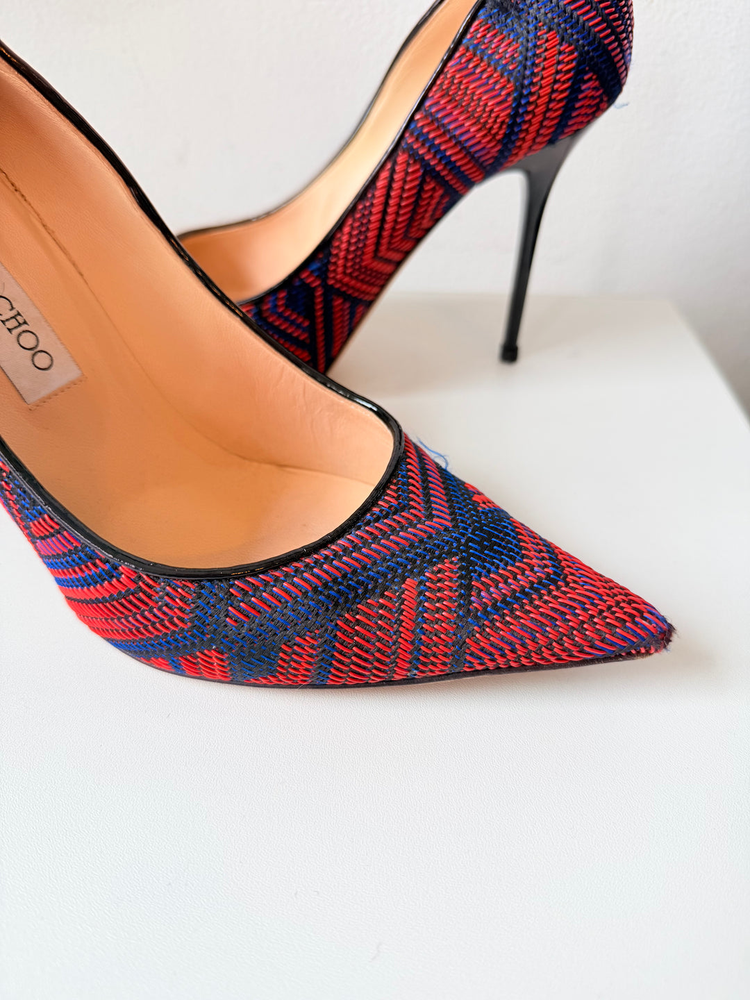 Jimmy Choo Abel Pointed Woven Fabric Red/Blue Pumps Size 39.5