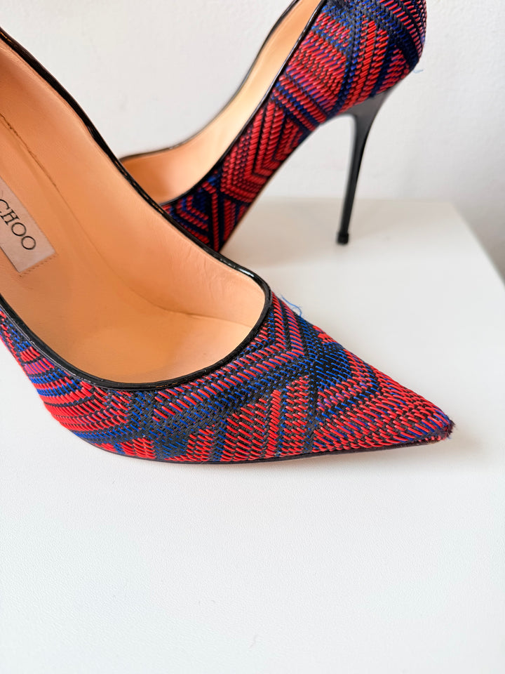 Jimmy Choo Abel Pointed Woven Fabric Red/Blue Pumps Size 39.5