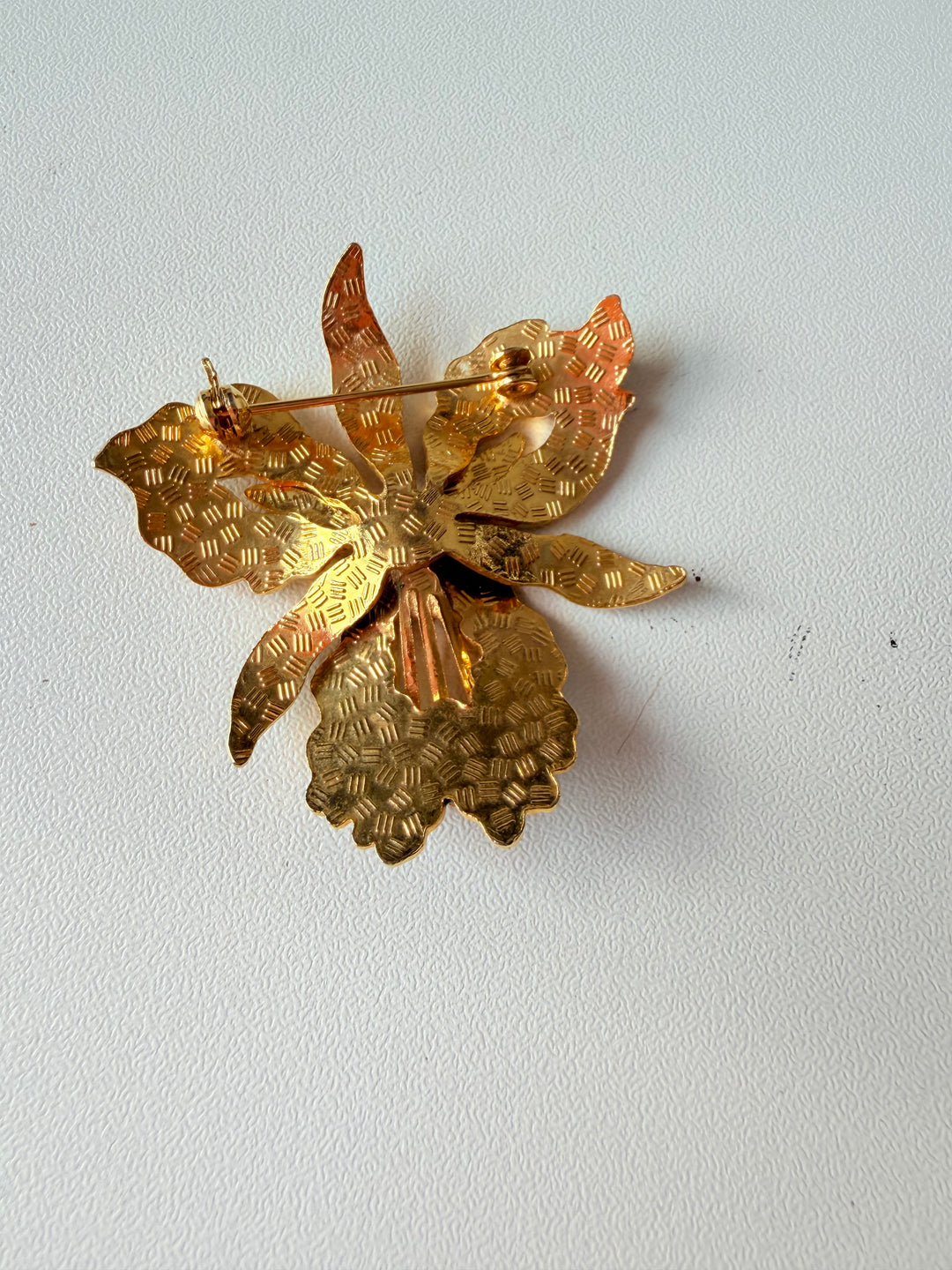Vintage Gold & Black Enamel Orchid Brooch