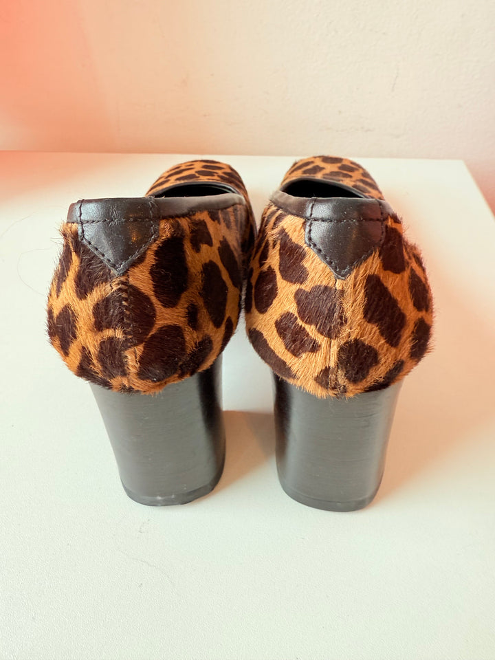 Vintage Calypso Calf Hair Leopard Print Block Heel Pumps Size 38