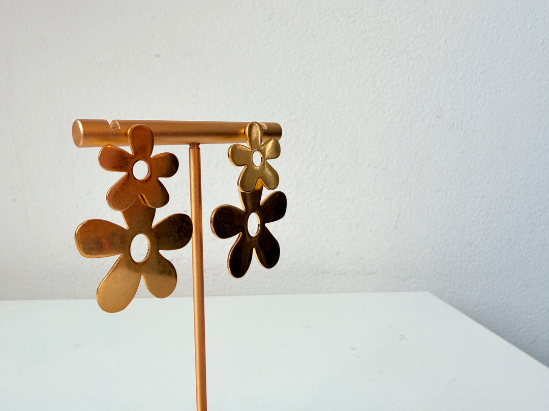 Gold Tone Double Flower Drop Pierced Earrings