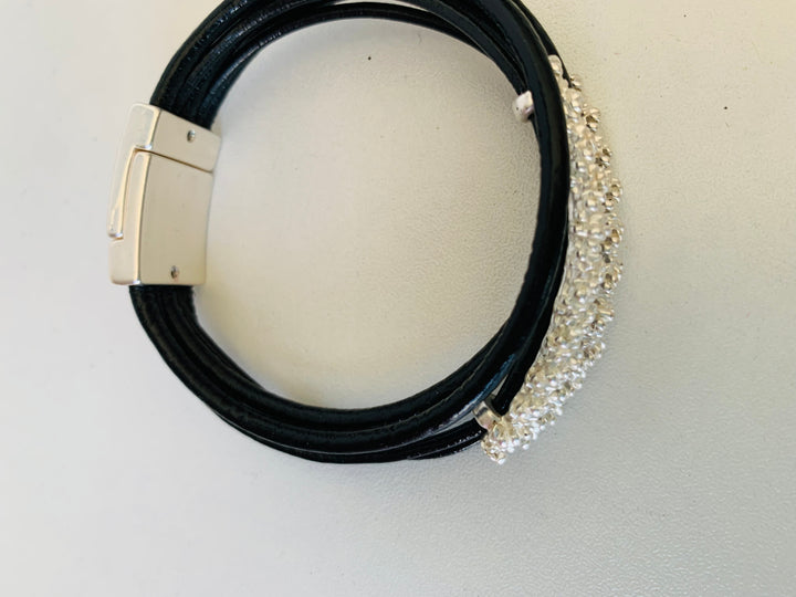 Black Rhinestone and Leather Magnetic Bracelet