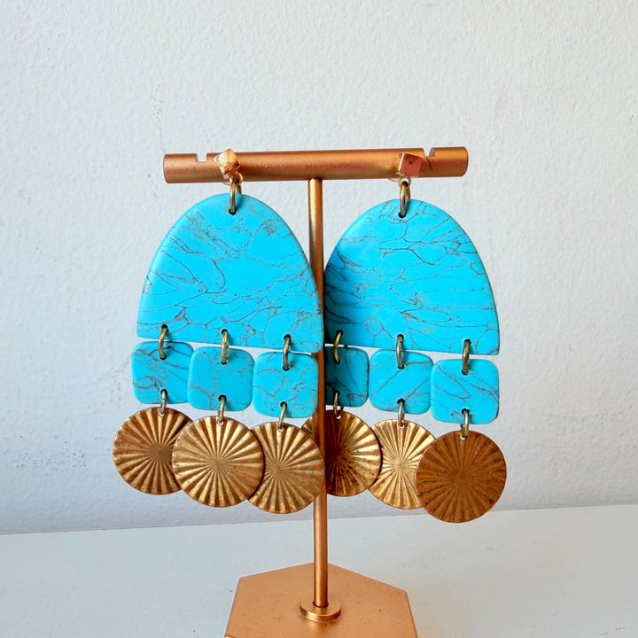 Bohemian Style Turquoise & Goldtone Dangle Pierced Earrings