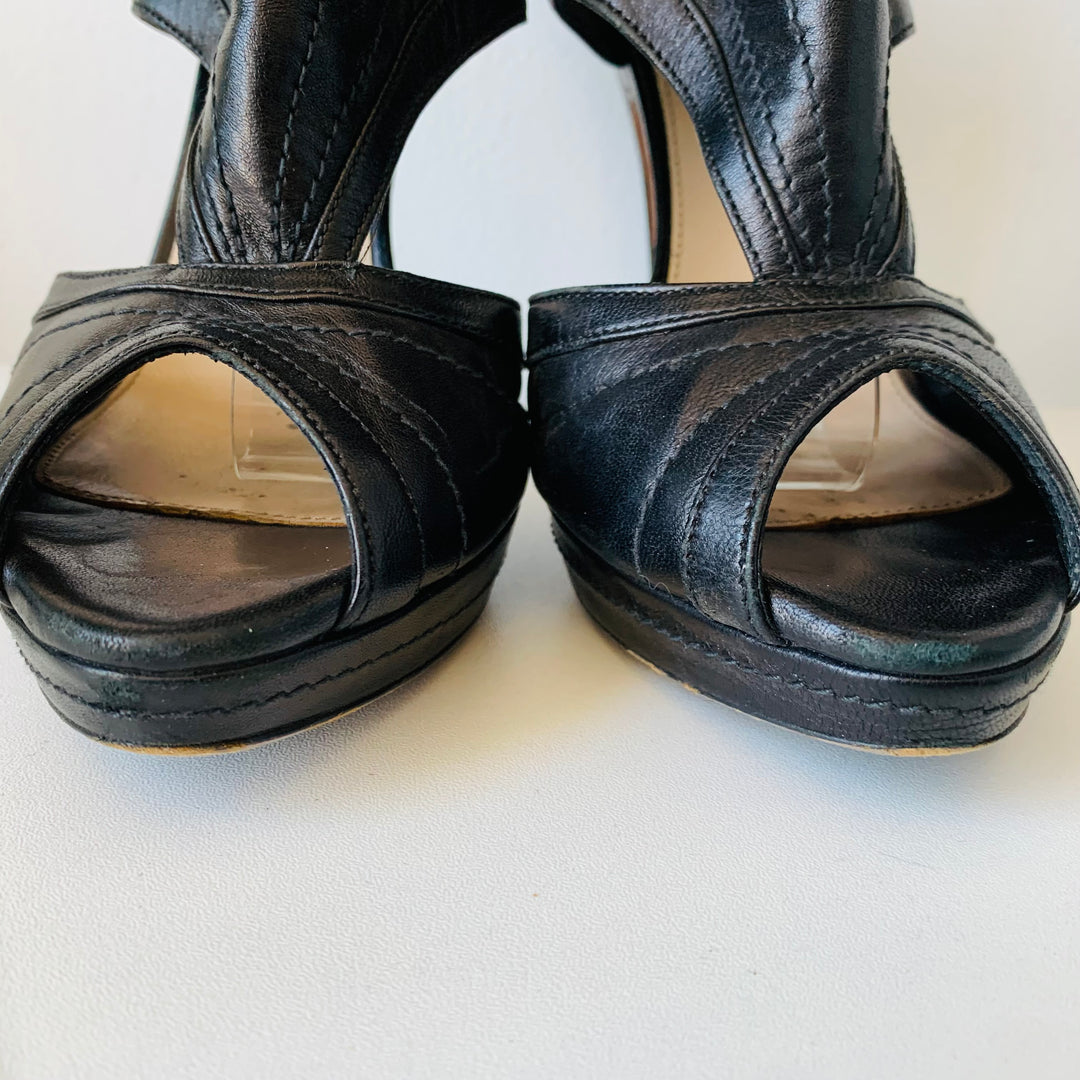 Prada Black Leather Peep Toe Platform Cut Out Heels Size 37.5 Authentic