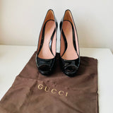 Gucci Vernice Crystal Black Patent Platform Peep Toe Pump Size 38