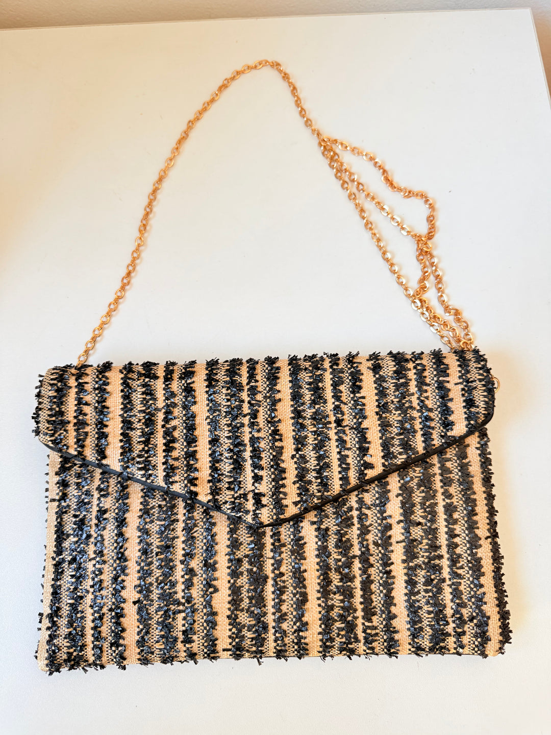 Black and Beige Raffia Vegan Clutch/Crossbody With Gold Chain