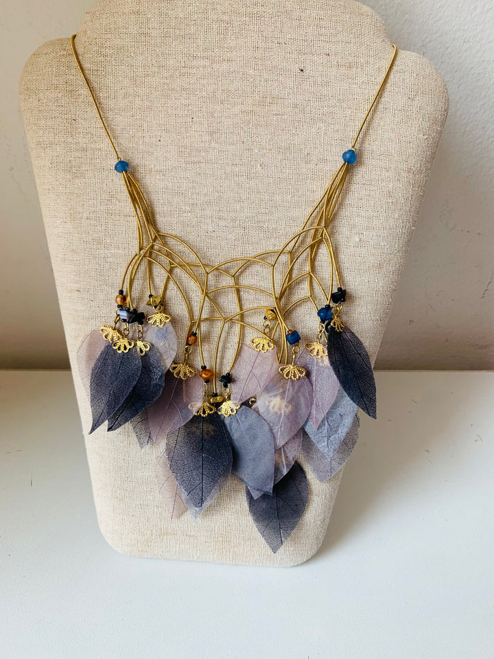 Blue Feather Statement Necklace in Gold Tone