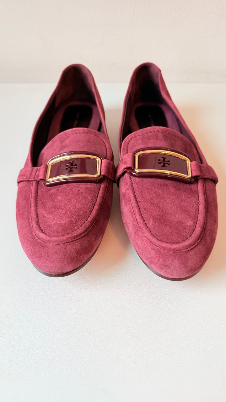 Tory Burch Georgia Suede Loafers Size 8 In Beetle Berry /Gold Hardware