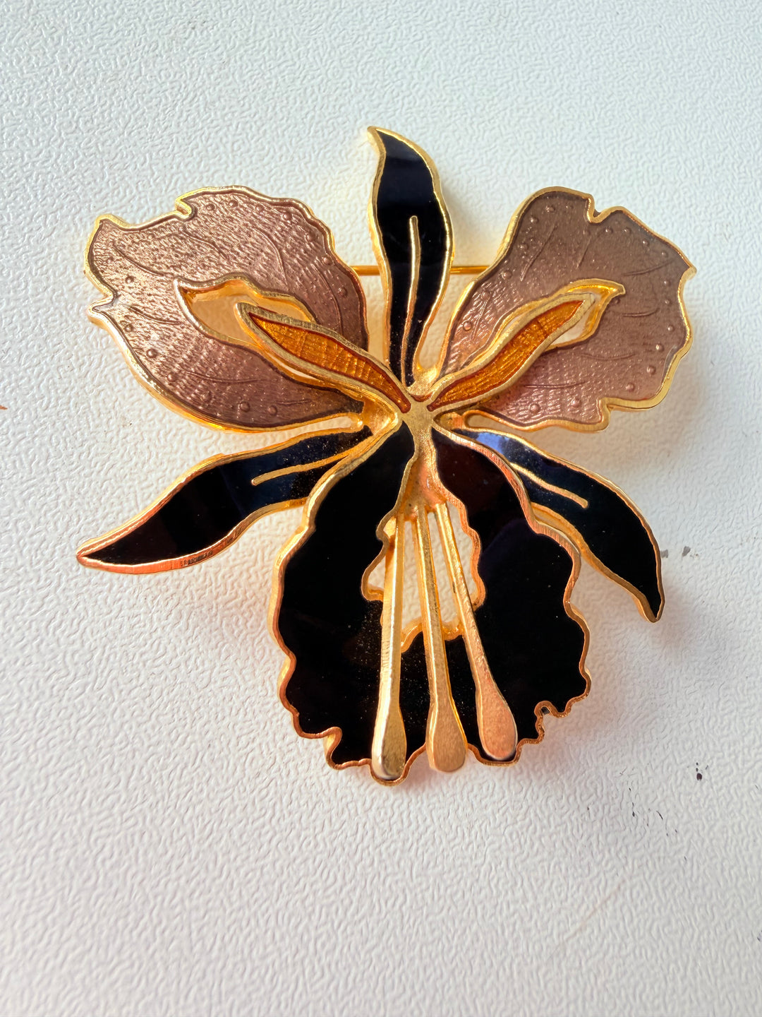 Vintage Gold & Black Enamel Orchid Brooch