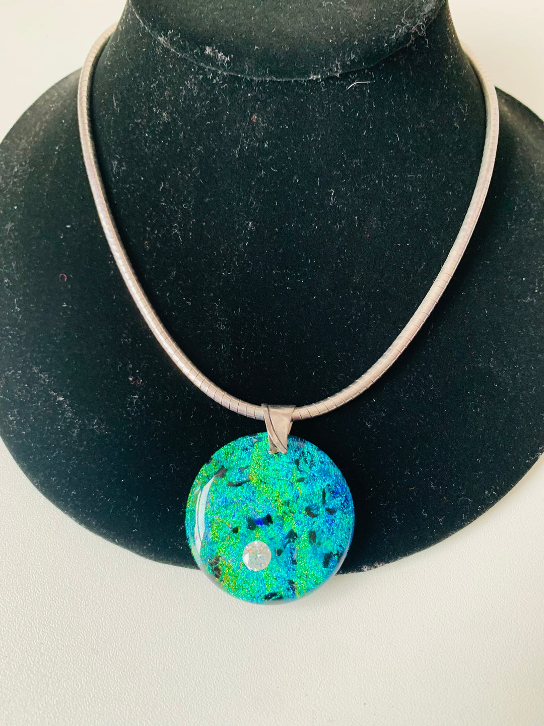 Sterling Silver and Glass Blown Blue Green Pendent Necklace Handmade