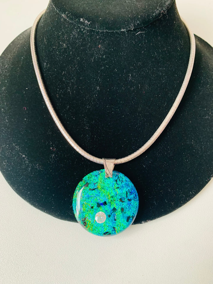 Sterling Silver and Glass Blown Blue Green Pendent Necklace Handmade