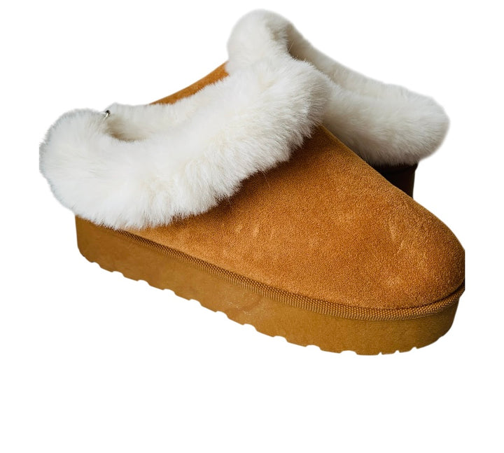 Brown Suede and Faux Fur Platform Mules Size 10