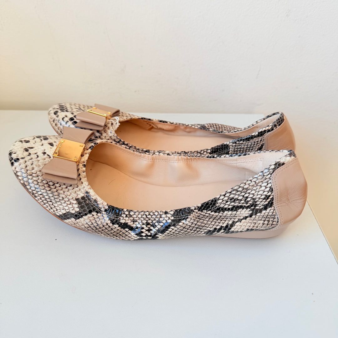 Cole Haan Grand OS Tail Bow Ballet Flats In Natural Brown Beige Snakeprint Size 10.5