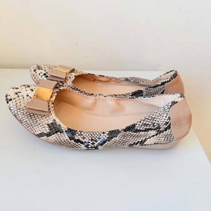 Cole Haan Grand OS Tail Bow Ballet Flats In Natural Brown Beige Snakeprint Size 10.5