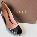 Gucci Vernice Crystal Black Patent Platform Peep Toe Pump Size 38