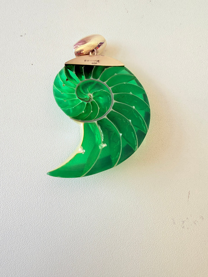 Sterling Silver 925 Vibrant Green Open Nautilus Shell Pendent