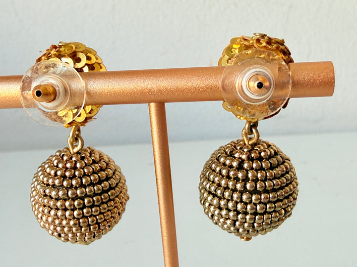 Gold Tone Dangle Earrings With Sequins & Beaded Spherical Ball Drops Pierced