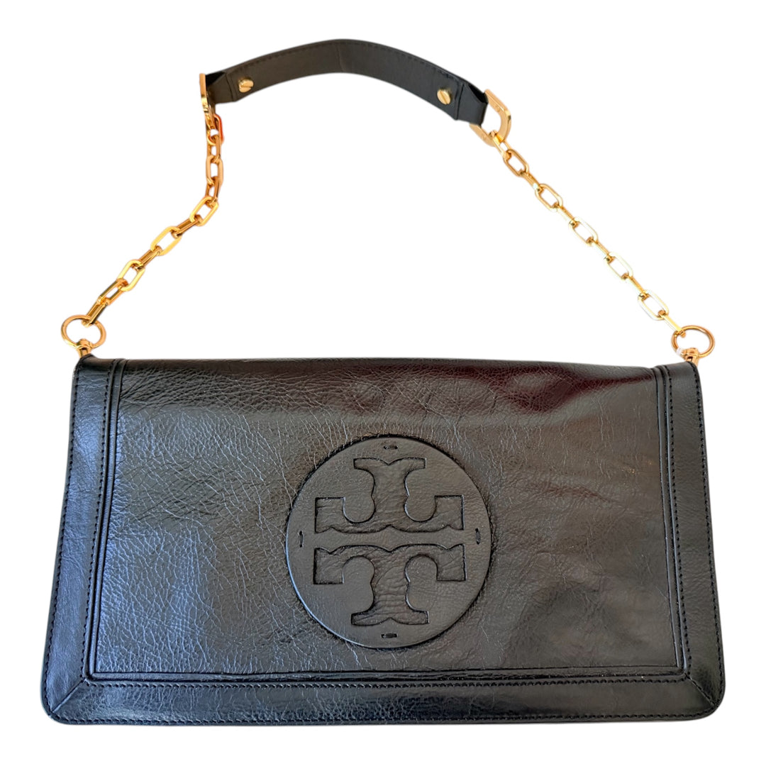 Tory Burch Bombe Reva Clutch Hanbag In Black Textured Leather