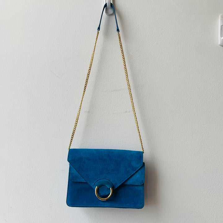 Banana Republic Royal Blue Suede Flap Over Crossbody Handbag With Gold Chain