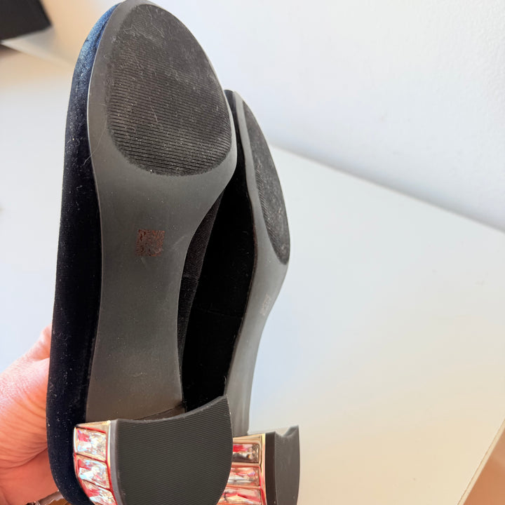 Anne Klein Haeyden Black Velvet Rhinestone Embelished Block Heel Pumps Size 6.5