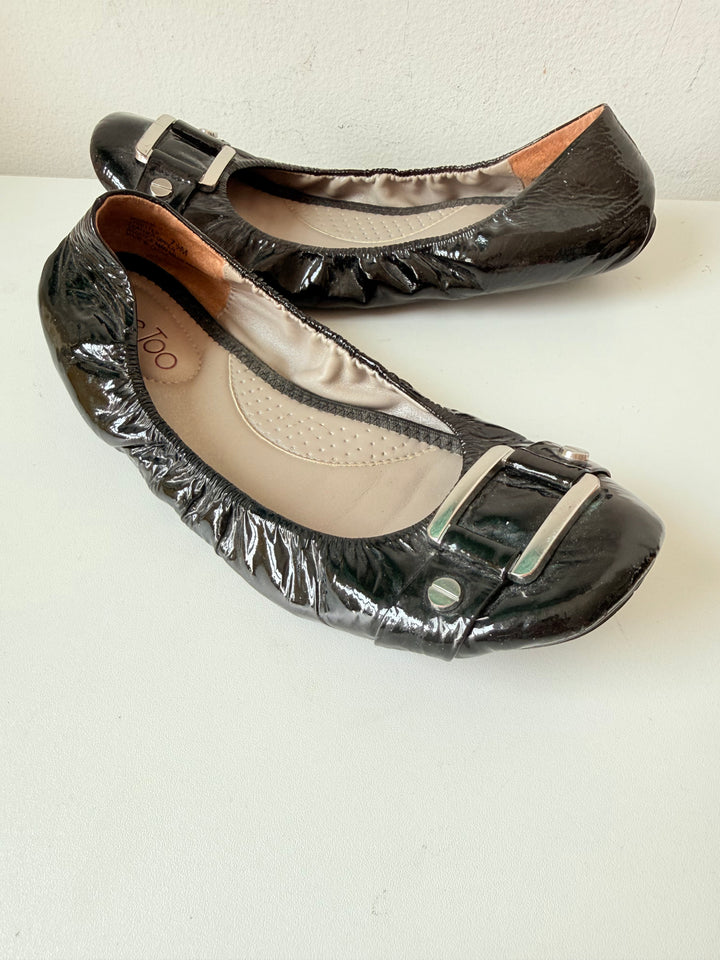 Me Too Black Patent Silver Buckle Ballet Flats Size 7.5