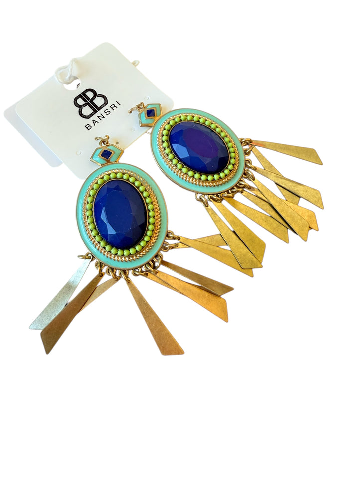 Bansri Blue & Green Stone and Enamel Pierced Statement Earrings New