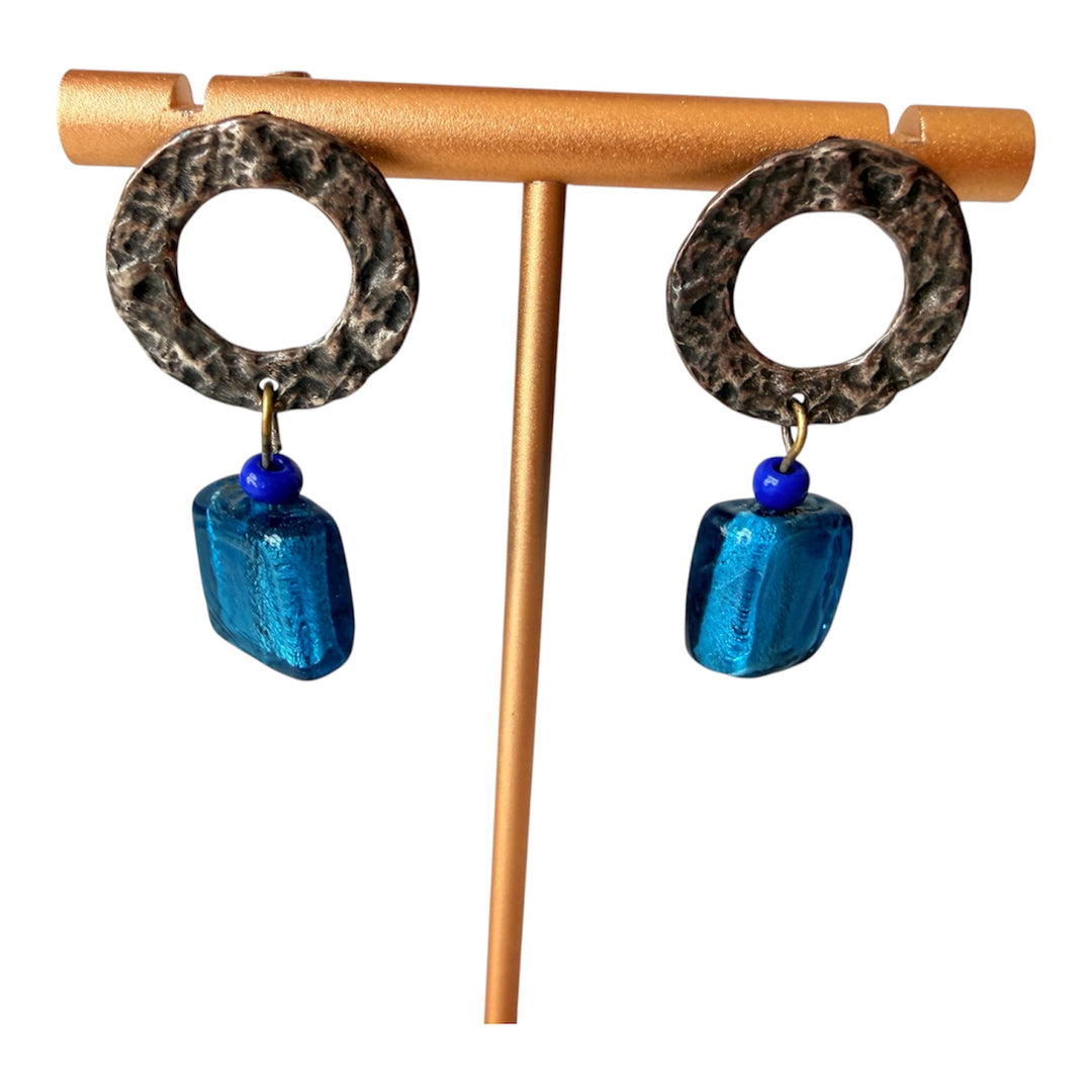 Hammered Silver Tone Blue Stone Pierced Earrings