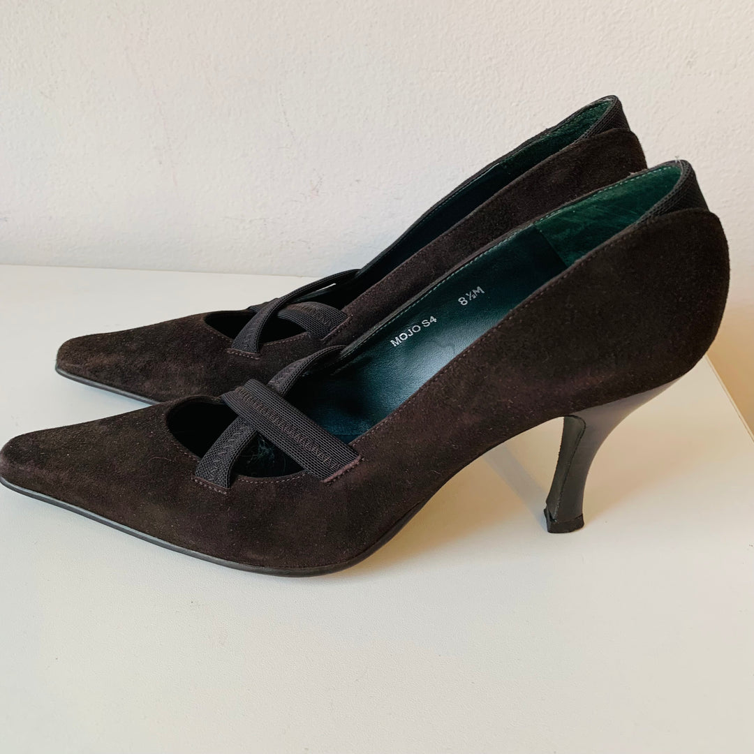 Donald Pliner Mojo Brown Suede Pumps With Elastic Cross Straps Size 8.5