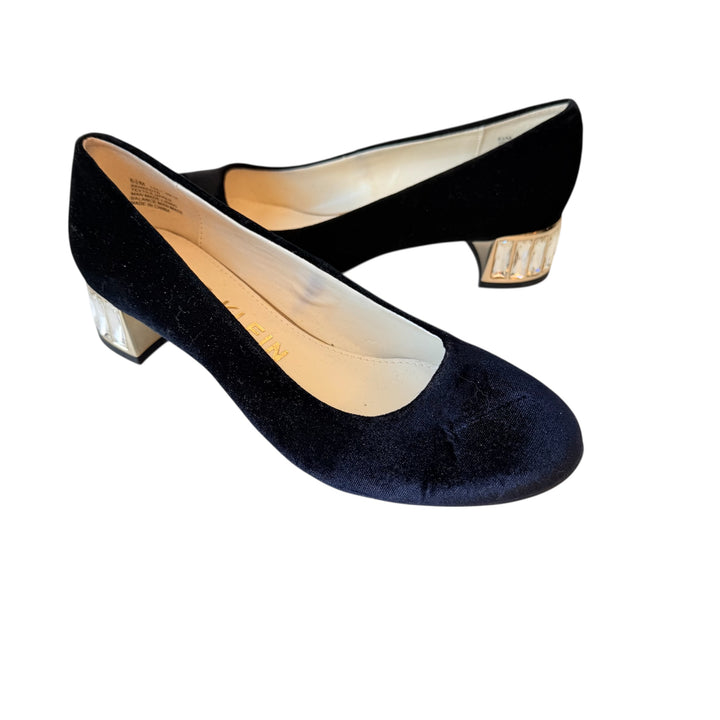 Anne Klein Haeyden Black Velvet Rhinestone Embelished Block Heel Pumps Size 6.5
