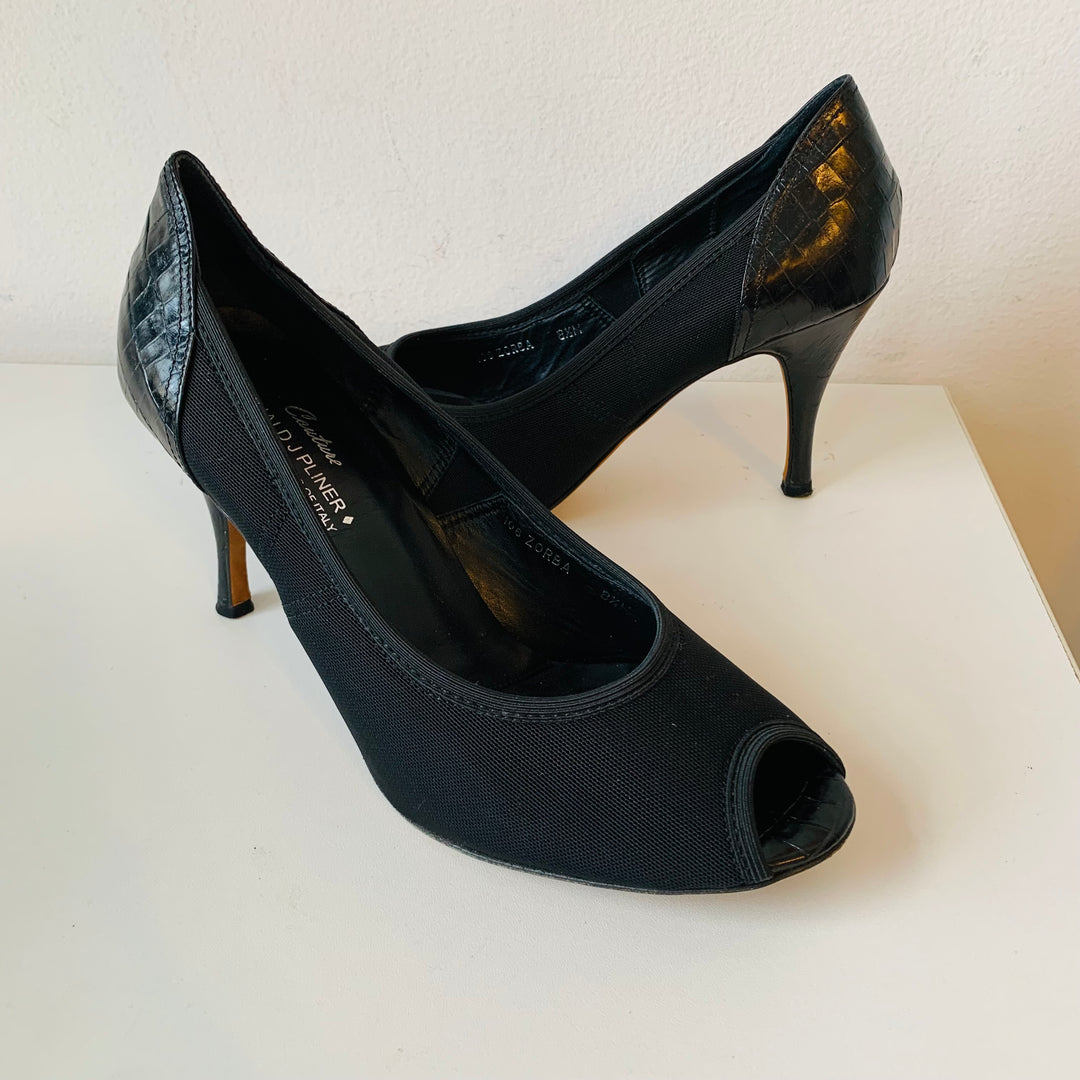 Donald J Pliner Couture Sand/Espresso Black Congo Mesh Elastic Prep Toe Pumps Size 8.5 Women’s