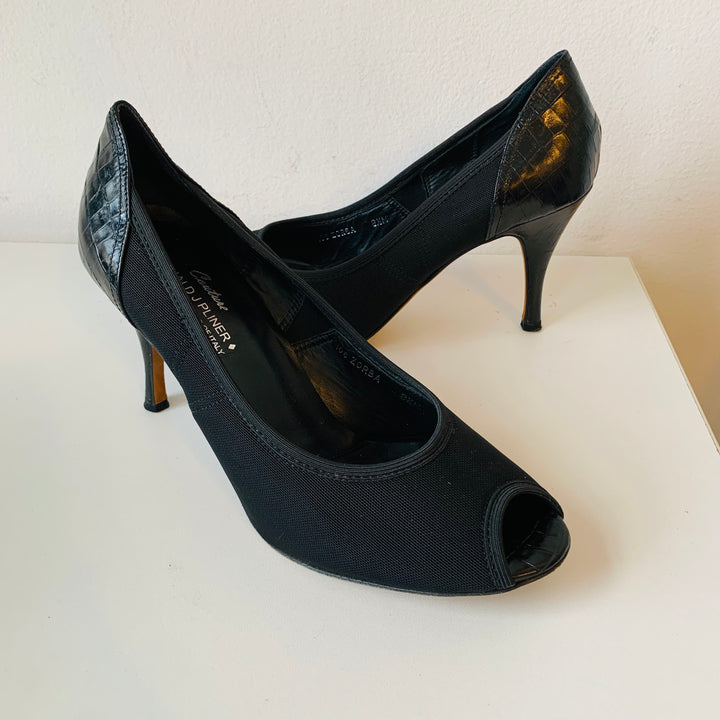 Donald J Pliner Couture Sand/Espresso Black Congo Mesh Elastic Prep Toe Pumps Size 8.5 Women’s