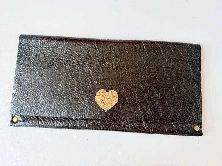 Moss Mills Black Texttured Leather Heart Clutch