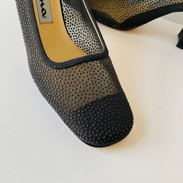 Nina Black Sparkle Block Heel Mesh Upper Pumps Size 7N New with Tags