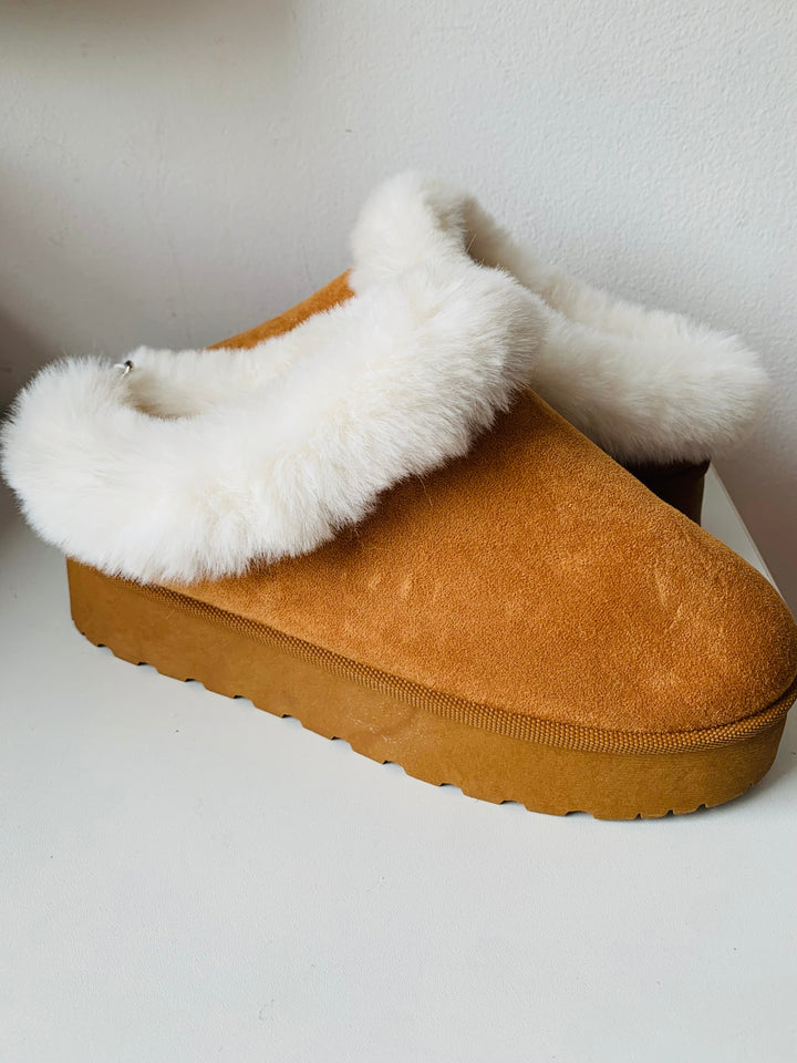Brown Suede and Faux Fur Platform Mules Size 10