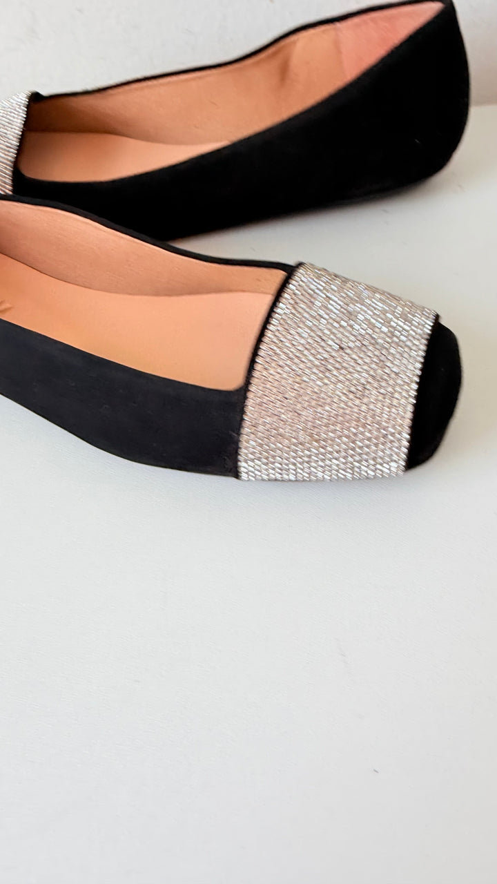 French Sole Via FS/NY Black Rhinestone Square Toe Ballet Flats Size Women’s 7