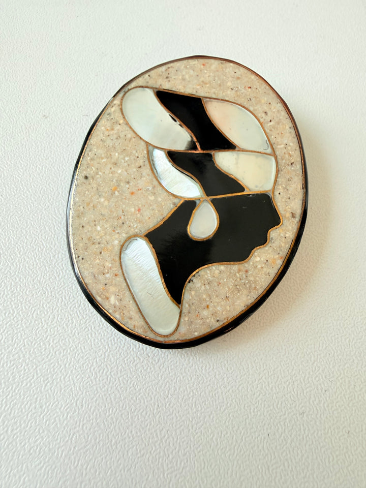 Vintage Lee Sands Art Deco Female Side Brooch in Mother of Pearl & Abalone Set In Resin