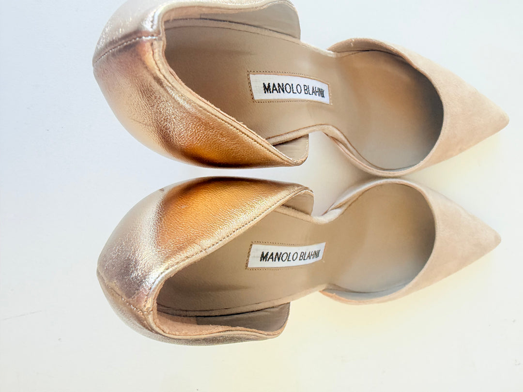Manolo Blahnik Two Toned Tan Suede Gold Metallic D’Orsay Stilleto Pointed Toe Pumps Size 37