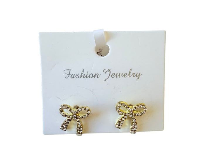 Fashion Jewelry Gold Tone Ribbon Rhinestone Pierced Earrings