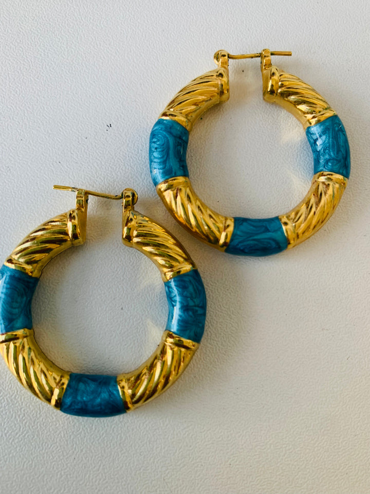Gold and Blue Enamel Pierced Hoop Earrings