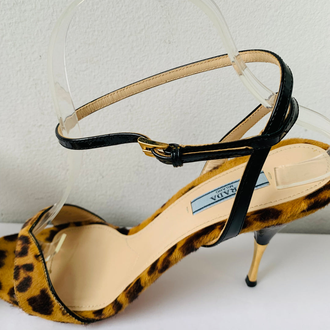 Prada Pony Hair Animal Print Strappy Peep Toe Sandal/Heels Size 40