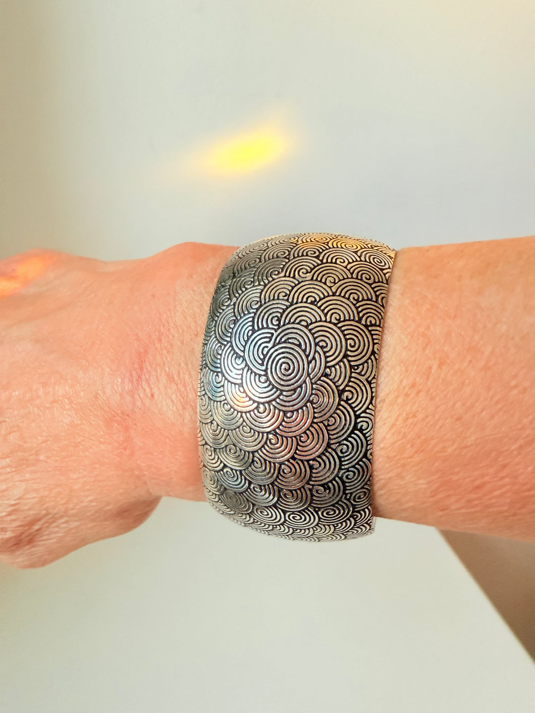 Wide Silver Cuff Bracelet With Oxidized Spiral Design