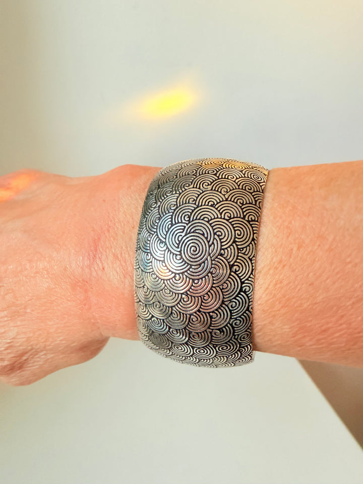 Wide Silver Cuff Bracelet With Oxidized Spiral Design