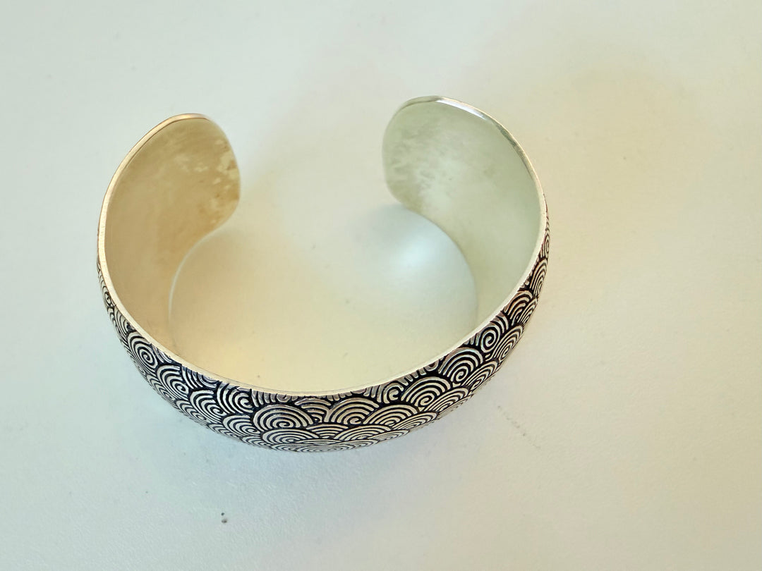Wide Silver Cuff Bracelet With Oxidized Spiral Design