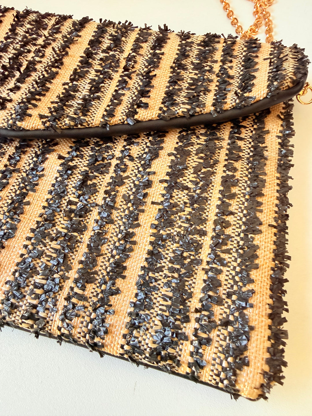 Black and Beige Raffia Vegan Clutch/Crossbody With Gold Chain
