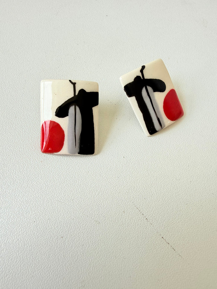 Vintage Modern Abstract Hand Painted Signed Pierced Earrings