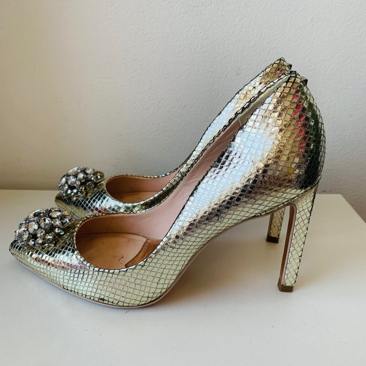 Ted Baker Elannam Crystal Embellished Pump In Gold Metallic Snakeskin Size 7.5