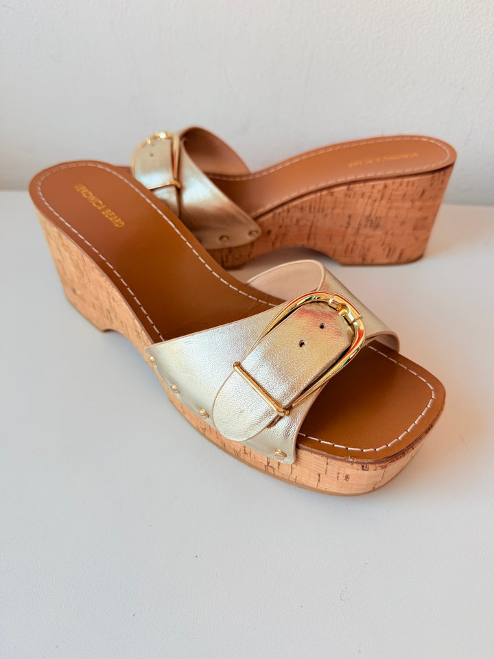 Veronica Beard Gold Mettalic Dallas Platform Slides Size 10