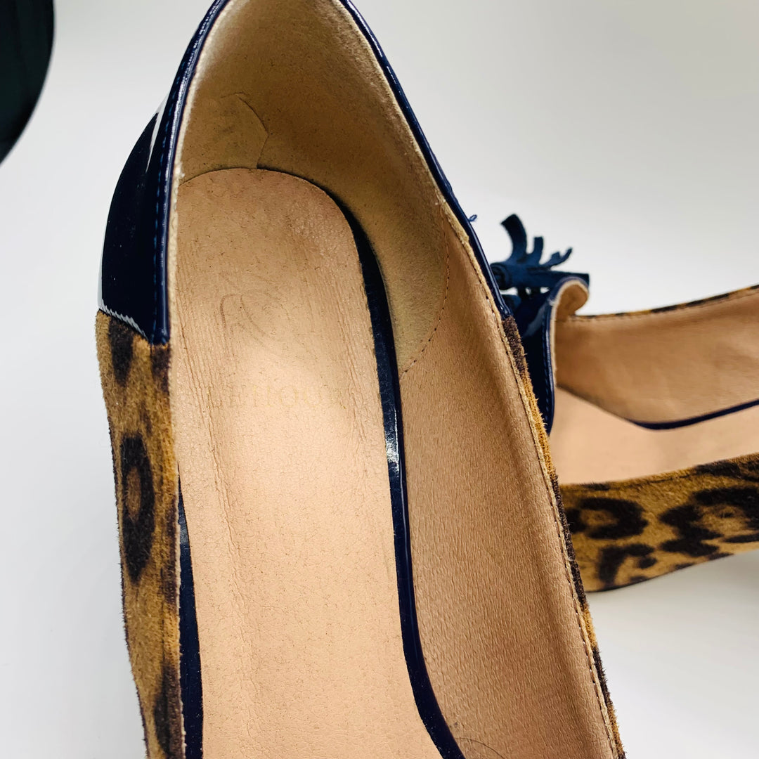 Lehoor Women’s Chunky Block Heel Fringe Pumps in Patent Blue and Leopard Print Size 8
