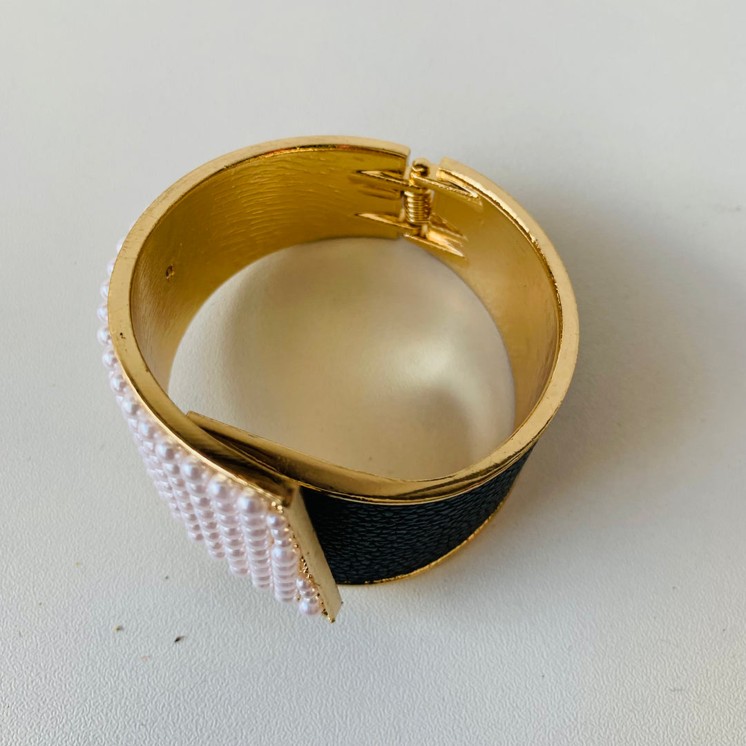 Pearl & Leather Cuff Hinged Bracelet