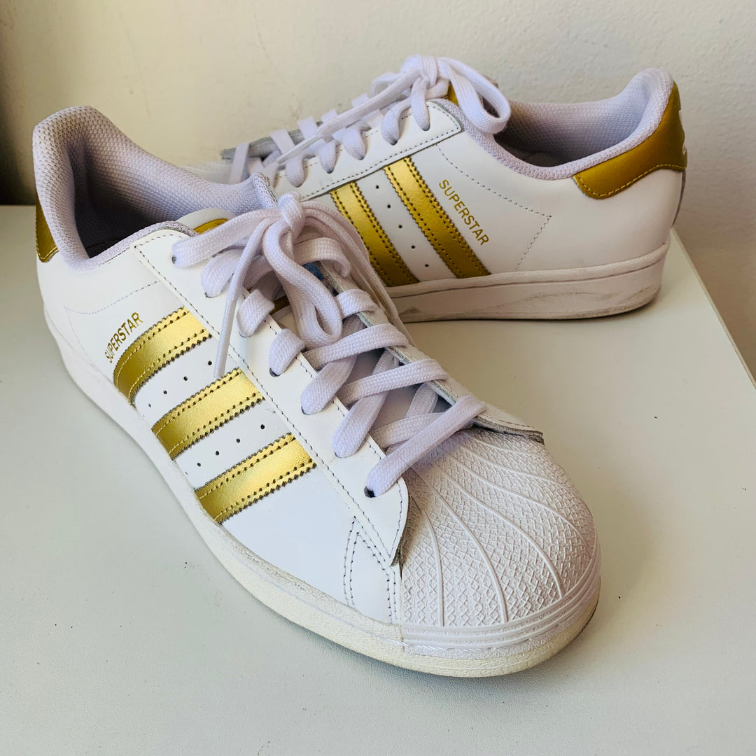 Adidas White and Gold Superstar Sneakers Size 9